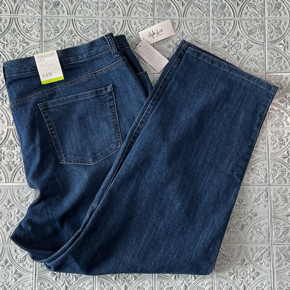 Style & Co NWT High Rise Straight Leg Blue Jeans Plus Size 24W Tummy Control - Picture 8 of 8